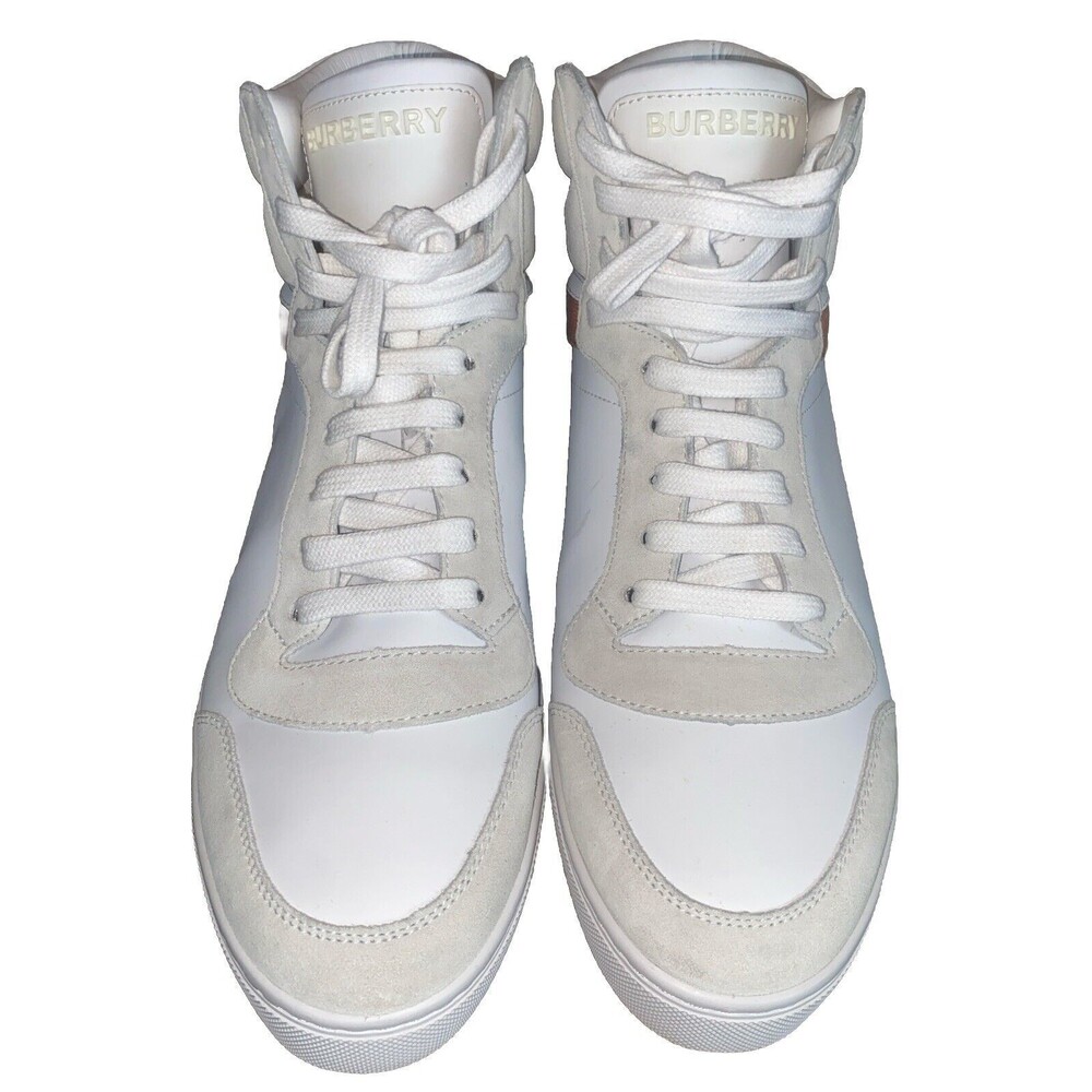Burberry - Men's Reeth Leather House Check High-Top Sneakers White Size 12 - Picture 2 of 16